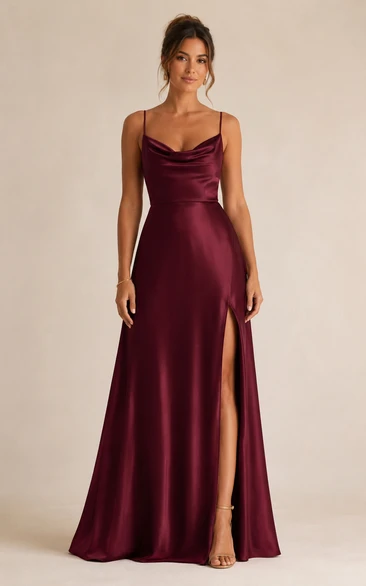 Burgundy Satin Sheath Cowl Neck Bridesmaid Dress with Front Split