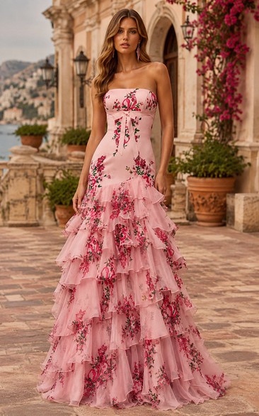 Tulle Prom Dress in Blushing Pink, Strapless Mermaid Floor-Length Gown with Floral Print and Tiers
