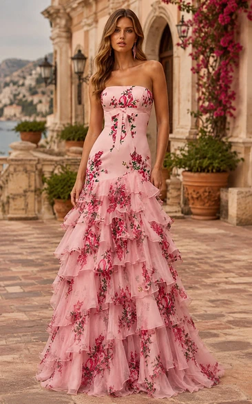 Tulle Prom Dress in Blushing Pink, Strapless Mermaid Floor-Length Gown with Floral Print and Tiers