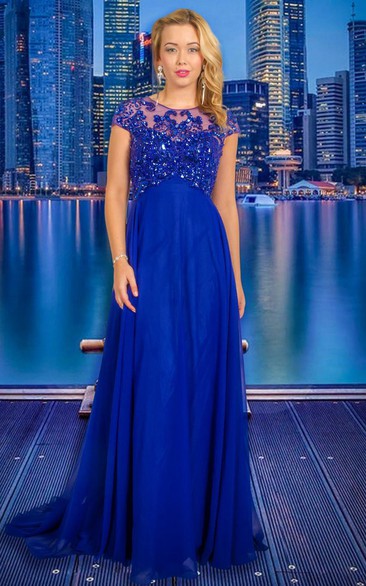 A-Line Floor-Length Scoop-Neck Cap-Sleeve Beaded Chiffon Prom Dress
