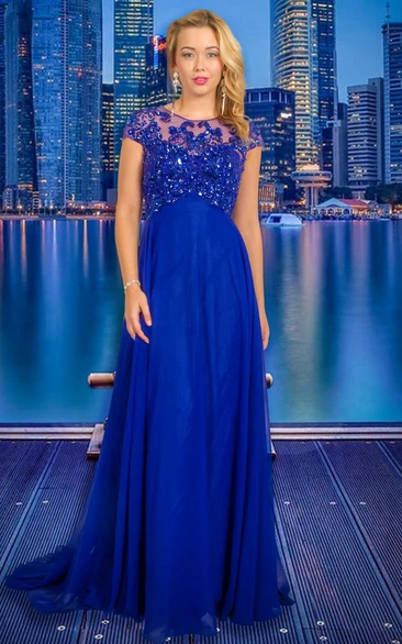 A-Line Floor-Length Scoop-Neck Cap-Sleeve Beaded Chiffon Prom Dress