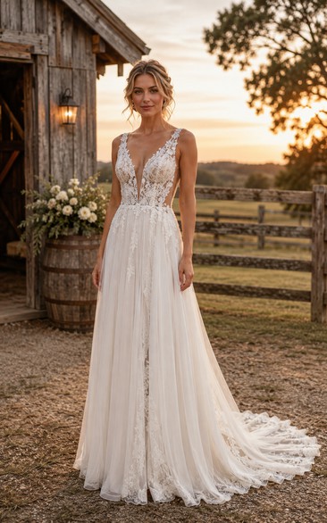 Spaghetti V-Neck A-Line Lace Country Wedding Dress with Low Back and Tulle Train