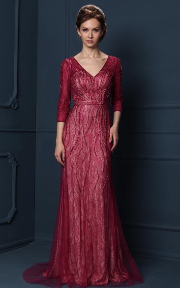 Beaded V-Neck 3-4 Sleeve Tulle Mother Of The Bride Dress With Brush Train