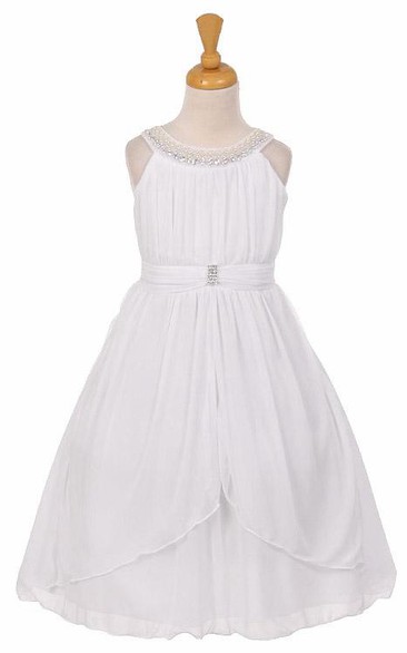 Tea-Length Peplum Pleated Tiered Chiffon&Tulle Flower Girl Dress With Sash