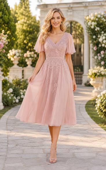 Blushing Pink Tea Length A-Line Tulle Guest Dress with Flutter Sleeves for Bridesmaids Wedding Guests and Formal Receptions
