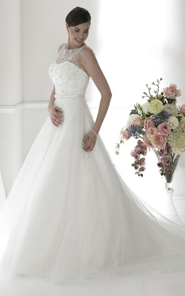 Ball-Gown Sleeveless Long Scoop Beaded Tulle Wedding Dress With Illusion Back And Chapel Train