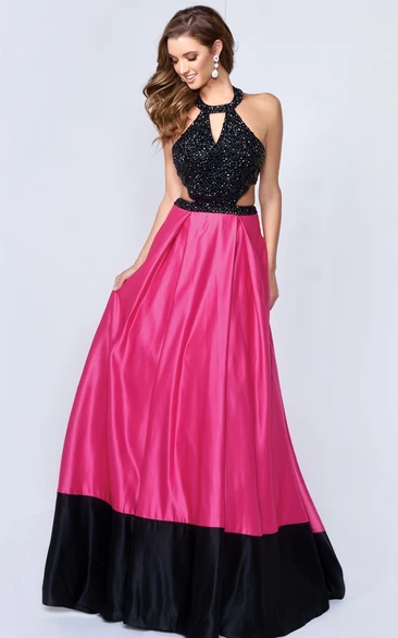 Muti-Color A-Line Jewel-Neck Sleeveless Satin Dress With Beading