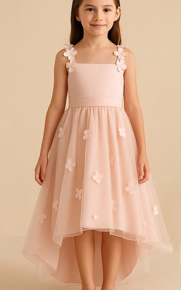 Pink High-low Chiffon Flowergirl Dress with Back Bow
