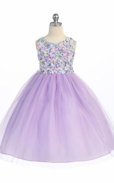 Floral Tea-Length Floral Tulle&Sequins Flower Girl Dress With Sash