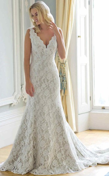 A-Line Sleeveless Appliqued Floor-Length V-Neck Lace Wedding Dress