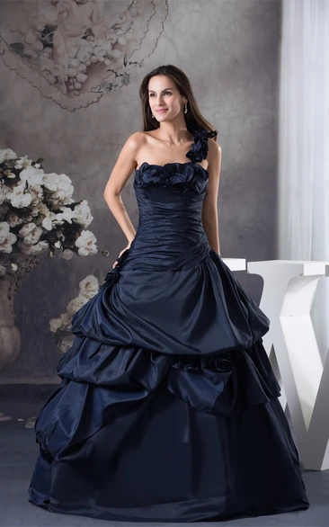 Sleeveless Ruffled Pick-Up Floral Strap and Ball-Gown With Ruching