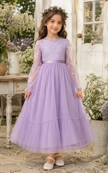 A-line Floor Length Long Sleeve Illusion Tulle Lace Flower Girl Dress with Lavender long lace sleeves over a soft tulle skirt