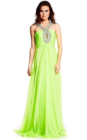Strapped Beaded Sleeveless Chiffon Prom Dress With Ruching And Beading