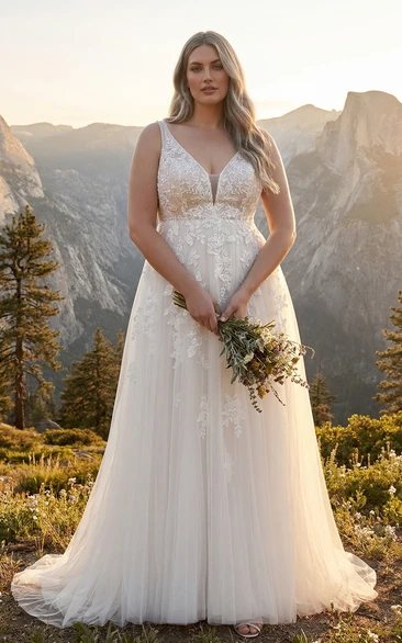 Plus Size A-Line Wedding Dress with V-Neck Lace Bodice and Tulle Skirt