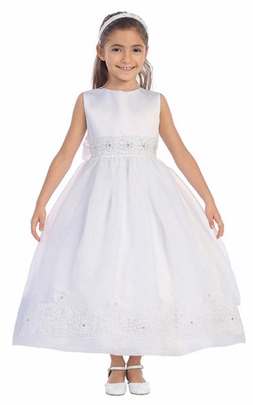 Ankle-Length Floral Beaded Lace&Organza Flower Girl Dress With Sash