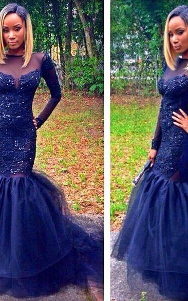 Sparkly Navy Blue Long Sleeve Prom Dresses Mermaid Appliques