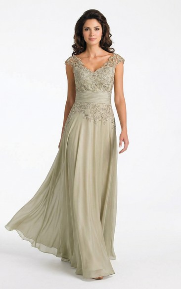 V-Neck Cap Sleeve Pleated Long MOB Dress