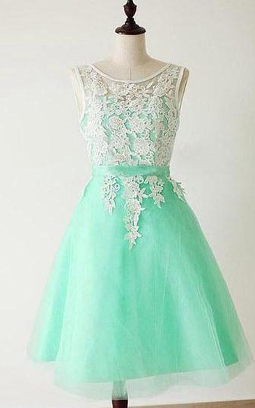 Scoop A-Line Appliques Bowknot Sashes Short Prom Dress