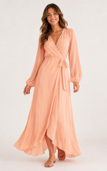 Papaya V-neck Long Sleeve Wrap Chiffon Dress
