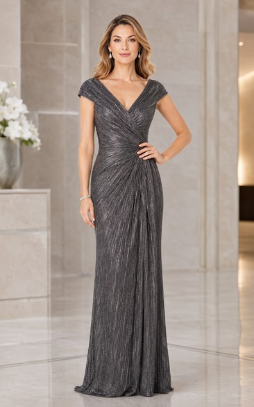Steel Grey V-Neck Pleated Sheath Evening Dress with Cap Sleeves and Ruched Waist