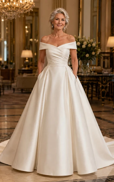Off Shoulder Satin Ball Gown Older Brides Wedding Dress with Train