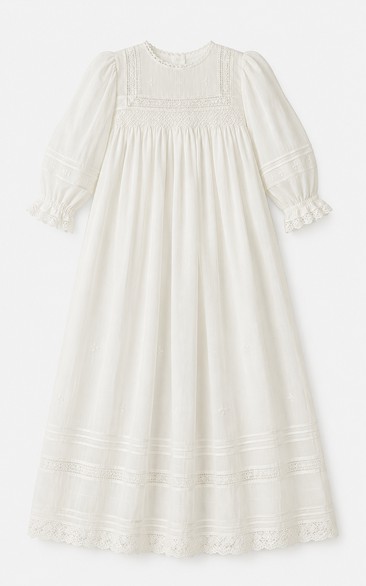 Baby Christening Gown Vintage Modest A-Line Long Sleeve Cotton Lace Floor-Length with Bow Sash in Cream