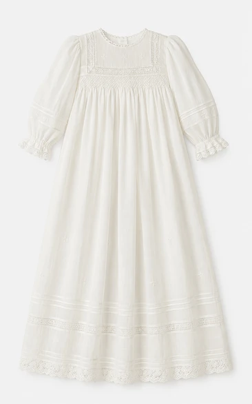 Baby Christening Gown Vintage Modest A-Line Long Sleeve Cotton Lace Floor-Length with Bow Sash in Cream