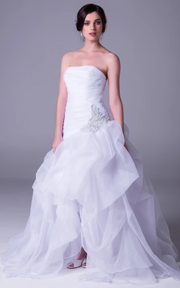 Strapless Split-Front Organza Wedding Dress With Ruffles And Beading