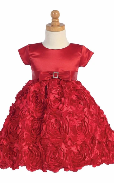 Tea-Length Floral Floral Bowed Satin Flower Girl Dress With Ribbon