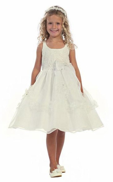 Split Split-Front Beaded Organza Flower Girl Dress With Ribbon