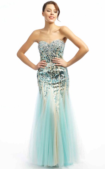 Trumpet Beaded Long Sleeveless Sweetheart Sequins&Tulle Prom Dress