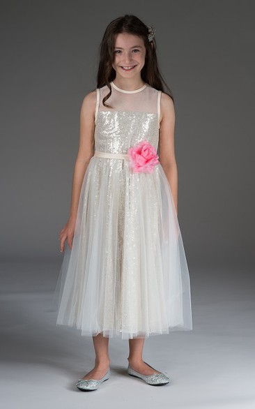 Flower Girl Sequin Lining Tulle Tea Length Dress With Waist Flower