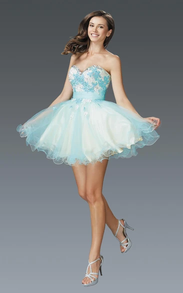 Muti-Color A-Line Mini Sweetheart Sleeveless Tulle Satin Dress With Appliques And Ruffles