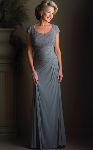 Casual Cap Scoop-neck Ruched Sheath Steel Blue Mother of Bride Dress