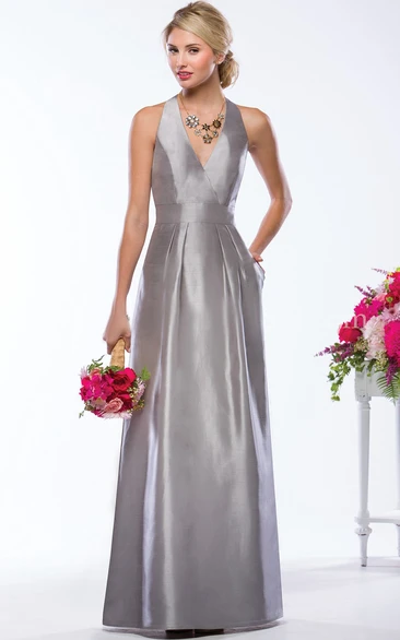 V-Neck Sleeveless A-Line Gown With Pockets And Keyhole Back
