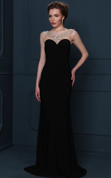 Beaded Sleeveless Scoop Neck Chiffon Evening Dress With Brush Train