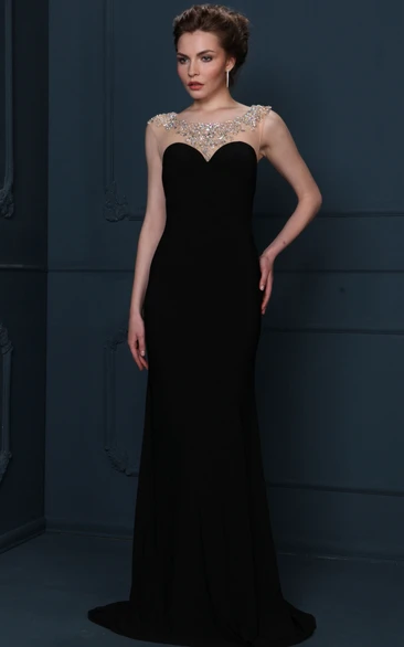 Beaded Sleeveless Scoop Neck Chiffon Evening Dress With Brush Train