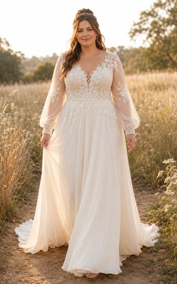 Vestido de novia de talla grande color marfil, manga larga, corpiño de encaje y gasa, corte en A