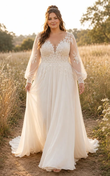 Plus Size elfenbeinfarbenes Brautkleid mit langen Ärmeln, Spitzenoberteil und Chiffon-A-Linie