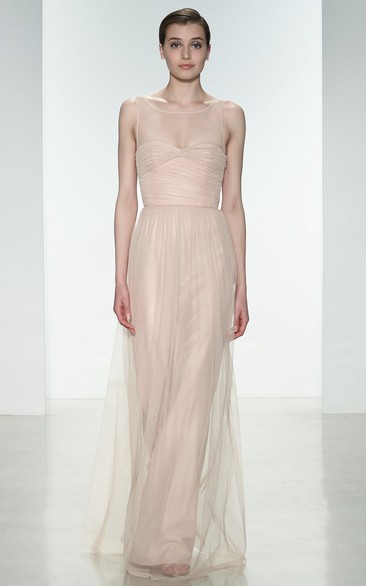 Sheath Ruched Sleeveless Scoop Neck Tulle Bridesmaid Dress With Illusion Back
