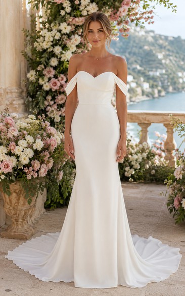 Simple Off Shoulder Sweetheart Mermaid Wedding Dress with Button Back and Train
