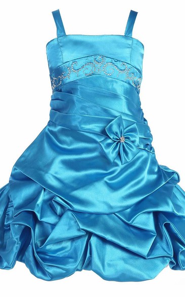 Floral Midi Beaded Pleated Satin Flower Girl Dress With Tiers