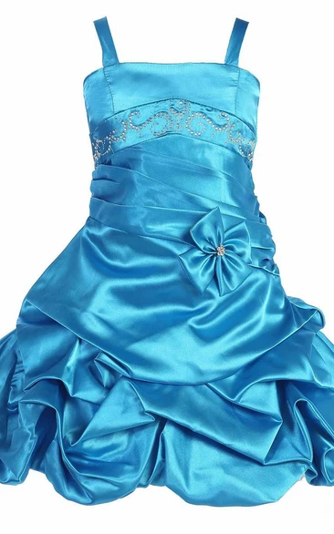 Floral Midi Beaded Pleated Satin Flower Girl Dress With Tiers