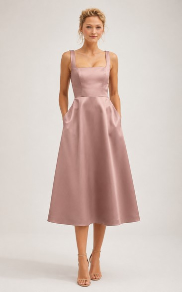 Satin Cocktail Dress in Dusty Rose, Square, Straps A-Line Tea-Length Gown with Pockets
