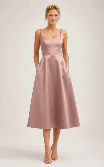 Satin Cocktail Dress in Dusty Rose, Square, Straps A-Line Tea-Length Gown with Pockets