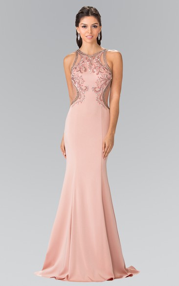 Sheath Scoop-Neck Sleeveless Jersey Illusion Dress With Beading And Sequins