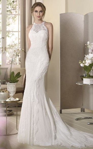 Sheath Appliqued Sleeveless High-Neck Floor-Length Lace Mermaid Wedding Dress