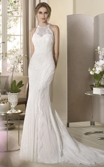Sheath Appliqued Sleeveless High-Neck Floor-Length Lace Mermaid Wedding Dress