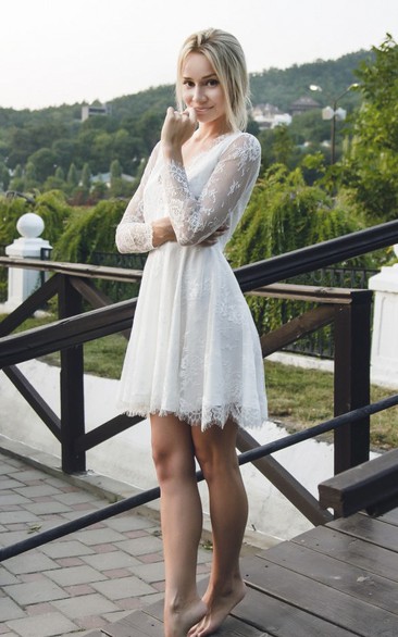 Lace Long Sleeve Short Sexy Tea Length Wedding Dress With Deep V-neck