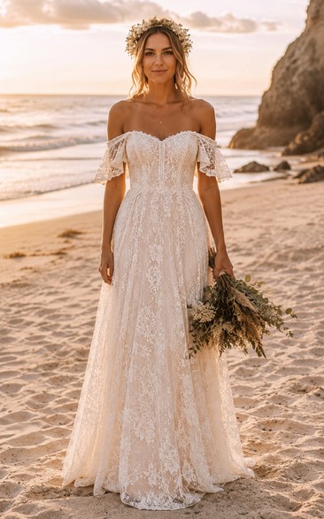 Boho Beach Summer A-Line Wedding Dress Off Shoulder Sweetheart Tulle Lace Floor Length Sweep Train Ivory